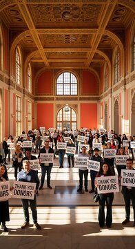 Large group of students and staff holding thank you signs for donors in a historic university hall.