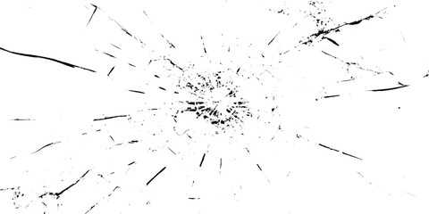 Black and white vector illustration of shattered glass or broken windshield with radial cracks and damage marks on a white grunge background for design and texture use © TRIPPLE THREE