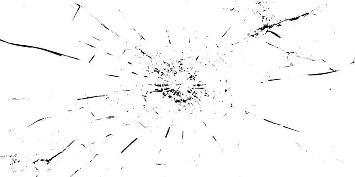 Black and white vector illustration of shattered glass or broken windshield with radial cracks and damage marks on a white grunge background for design and texture use