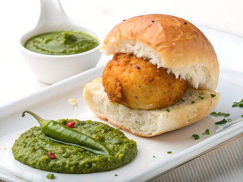 Vada pav with green chutney on white plate