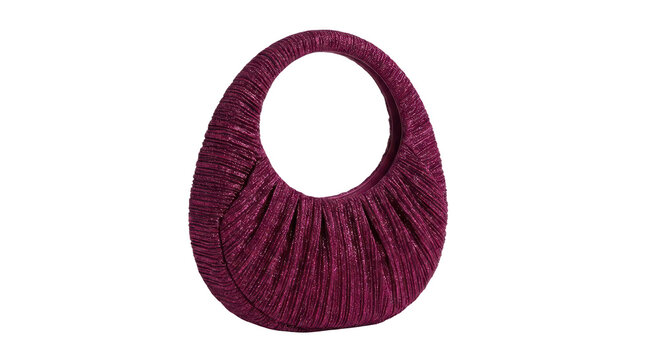 Elegant pleated metallic purple handbag isolated on transparent background