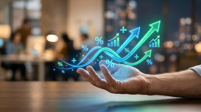 Close up of a hand presenting a glowing digital financial growth hologram with rising arrows and percentage symbols against a blurred office