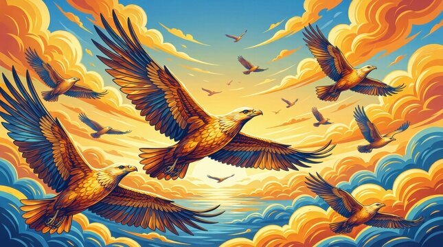 Flock of golden birds soaring through vibrant sunset clouds