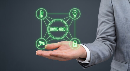 Obraz premium Businessman hand presenting home-grid concept with smart home automation icons.