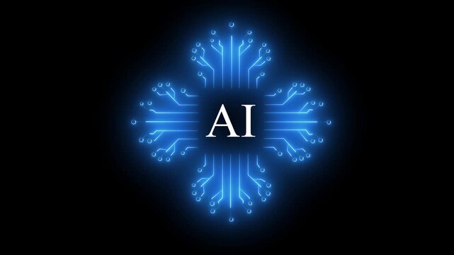 Abstract futuristic artificial intelligence AI microchip processor concept with glowing neon cyan circuit lines expanding outward on a black digital background