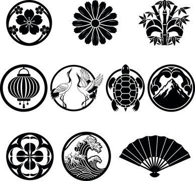 Japanese Family Mon Crest Silhouette Vector Illustration Traditional Symbol Set