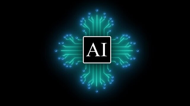 Abstract futuristic artificial intelligence AI microchip processor concept with glowing neon cyan circuit lines expanding outward on a black digital background
