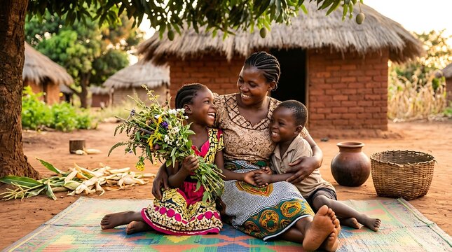 Happy mother and children together in a rural village setting