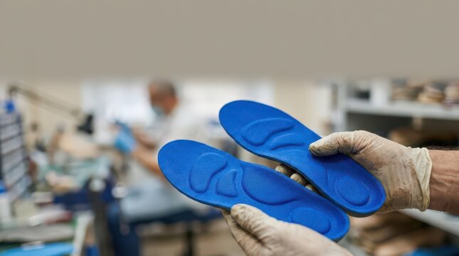 Pair of blue orthotic insoles held by gloved hands in workshop for foot health awareness product banner and orthotics design. Copy space