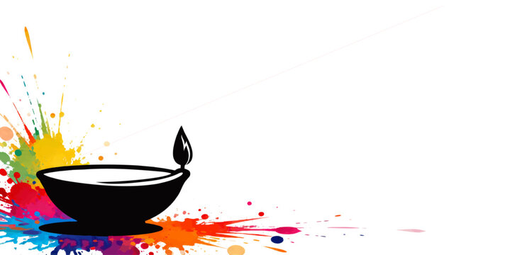 Vector silhouette illustration of a diwali diya with colorful splashes on transparent background