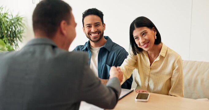 Broker, finance and handshake with couple in home together for budget, investment or wealth management. Deal, documents or speaking and happy people shaking hands with financial advisor in apartment