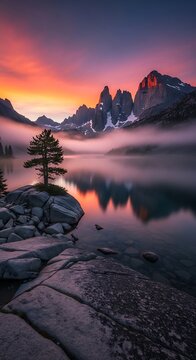 Stunning sunset over serene mountain lake with reflection and lone pine tree.