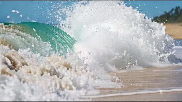 Turquoise wave cresting and breaking on sandy beach
