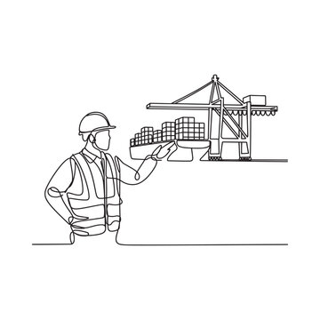 Construction worker and shipping crane continuous line drawing on white background