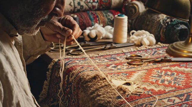 person working with yarn and thread.