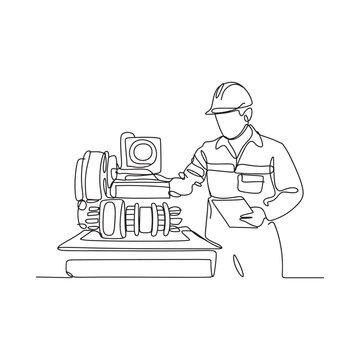 Engineer operating machinery continuous line drawing on white background