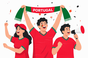 Naklejka premium Vector illustration of enthusiastic Portuguese football supporters celebrating a victory with national colors, fan scarf, cheering crowd, and festive atmosphere. Ideal for soccer tournaments, champion