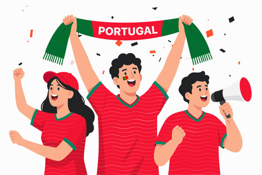 Vector illustration of enthusiastic Portuguese football supporters celebrating a victory with national colors, fan scarf, cheering crowd, and festive atmosphere. Ideal for soccer tournaments, champion