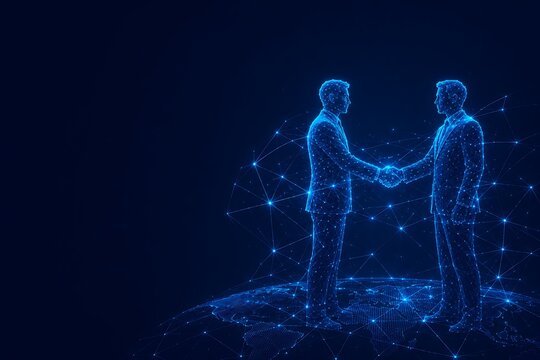 Digital handshake network connection concept representing teamwork feature work with AI robotic low poly handshake connection business partnership feature work with AI robotic low poly