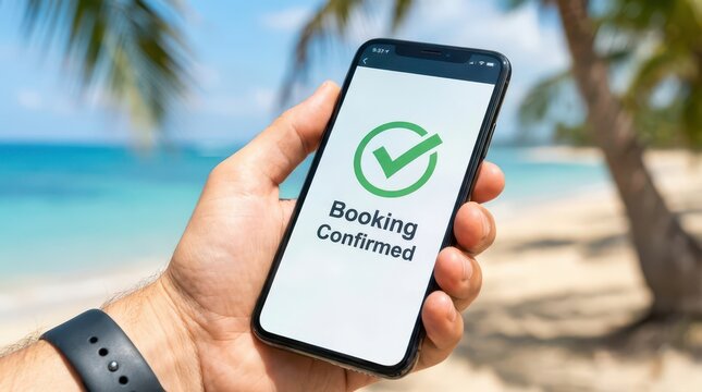 Smartphone showing booking confirmed on a tropical beach background for vacation planning banner and travel design