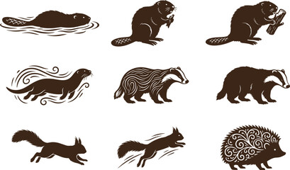 Obraz premium Vector Set of Linocut Style Woodland Animals Including Beaver Otter Badger Squirrel and Hedgehog Illustrations for Creative Nature Graphic Design Projects