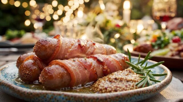 Savory Bacon Wrapped Sausages on Plate Gourmet Appetizer for Parties, Perfectly Inviting with Mustard and Herbs for Celebrations