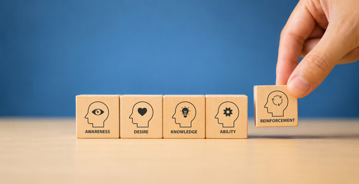 ADKAR model. Awareness, Desire, Knowledge, Ability, Reinforcement. Business Strategy. Change management concept. Methodology for success of change. Businessman puts wooden cube with icon change model