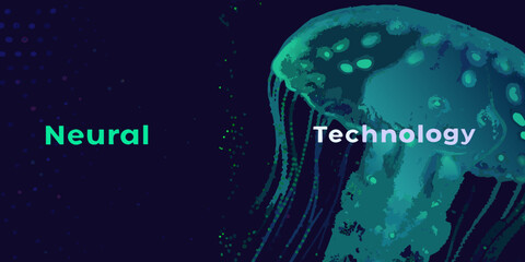 Teal jellyfish illustration with text overlay digital art style © Asit