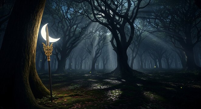 Enchanted forest scene moonlight