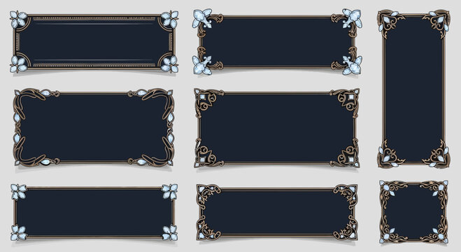 Elegant Rectangle Frames with Ornate Corners and Gems - Set
