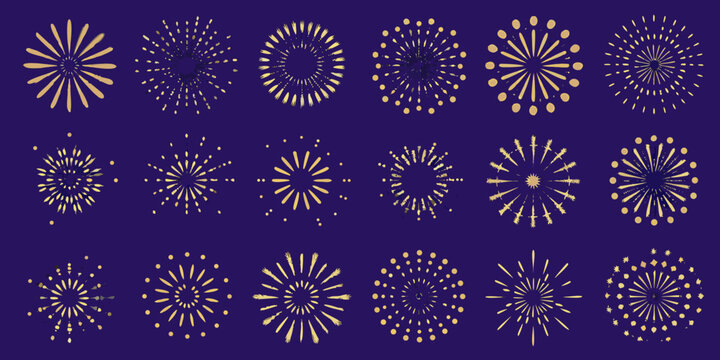 Golden Firework Burst Designs Vector Illustration On Purple Background