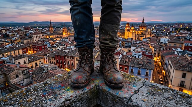 Person in paint splattered boots standing on a rooftop at sunset