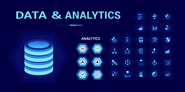 Database Icon Set Isometric Vector Illustration On Dark Blue Background