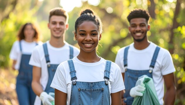 Grupo de j&oacute;venes voluntarios sonriendo en un parque durante una actividad ambiental al aire libre