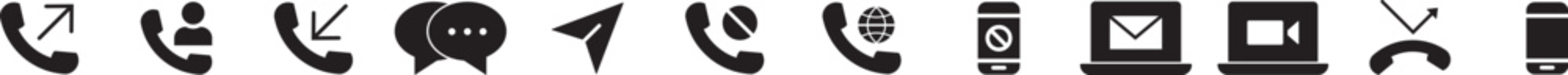 Contact icon. Includes call, email, message, missed call, address. Solid vector icon set. Contact information icons for business card on grey. Business card icon set in line style. Contact information