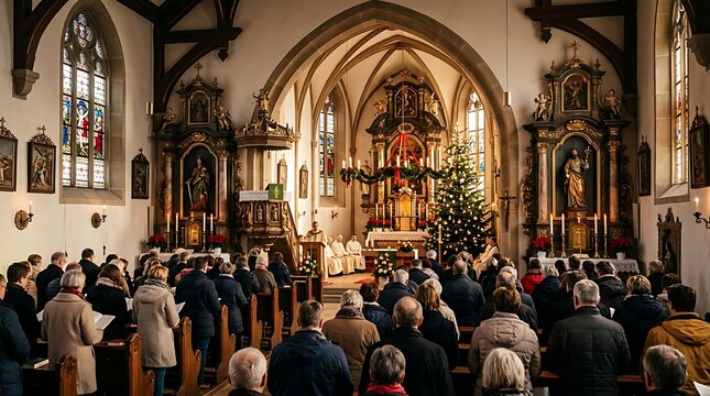 Congregation gathered for christmas service in a traditional church