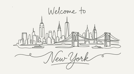 Fototapeta premium New York City Skyline Illustrated, Line Art, Welcome Greetings