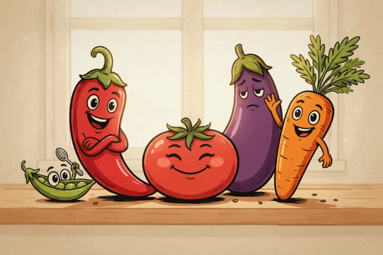 Cartoon Vegetables with Smiling Faces on Kitchen Counter