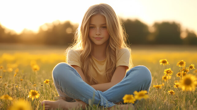 Peaceful Girl in a Field of Flowers
