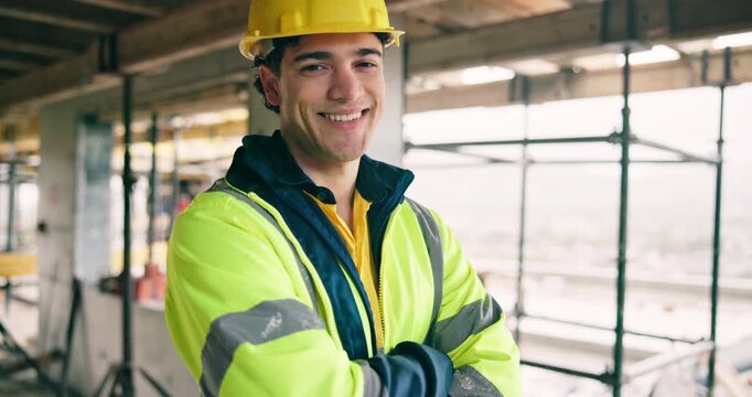 Construction, face or man on site with arms crossed, positive attitude or pride as industrial worker. Happy, portrait or engineer with optimism, about us and confidence in architecture industry.