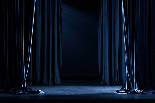 Dark theater stage with open blue curtains, light shining through