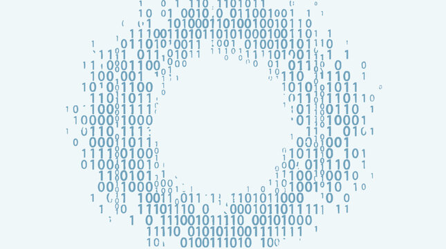 Abstract digital data ring with binary code numbers flowing and dissolving, representing modern technology, cybersecurity, and global information networks.