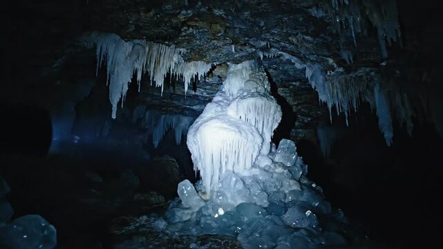 Intricate ice formations glitter within a dark cavern illuminated by a flashlight beam
