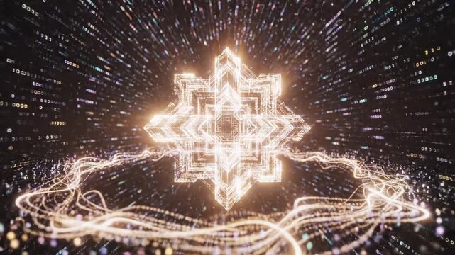 Central glowing atom core with exploding binary data lines