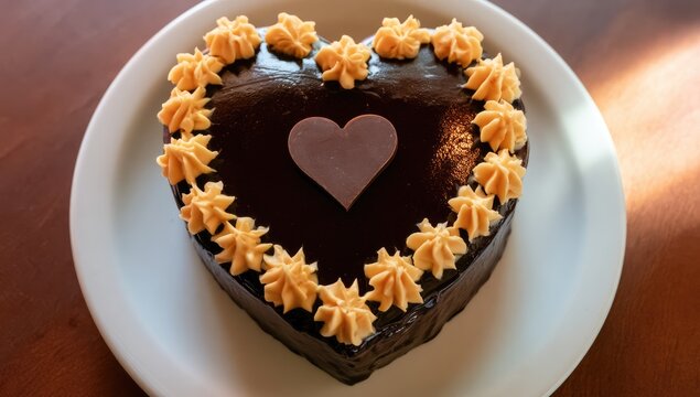 Decadent heart-shaped chocolate cake with caramel frosting swirls, on a white plate