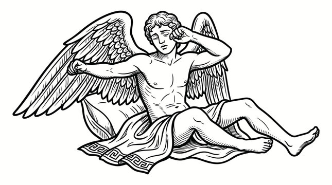 Detailed Illustration of a Winged Male Angel Sitting.