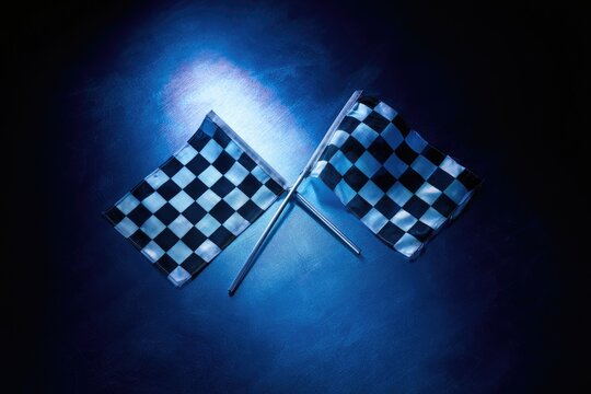 Two checkered flags cross on a dark, spotlighted surface