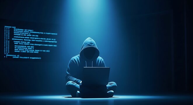 A hooded figure in a dark room working on a laptop with code on a screen