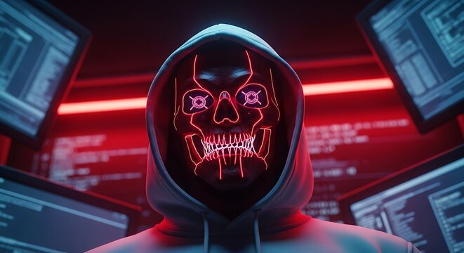 Neon lit hacker with skull face in a dark computer lab
