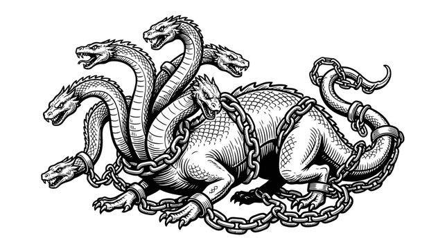 Mythological Creature with Multiple Snake Heads and Lion Body Illustration.